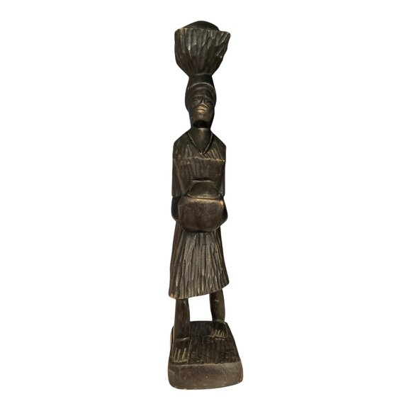 Vintage African Hand-Carved Wood Female Figure – 13.5" Tribal Woman Statue with - Picture 1 of 5